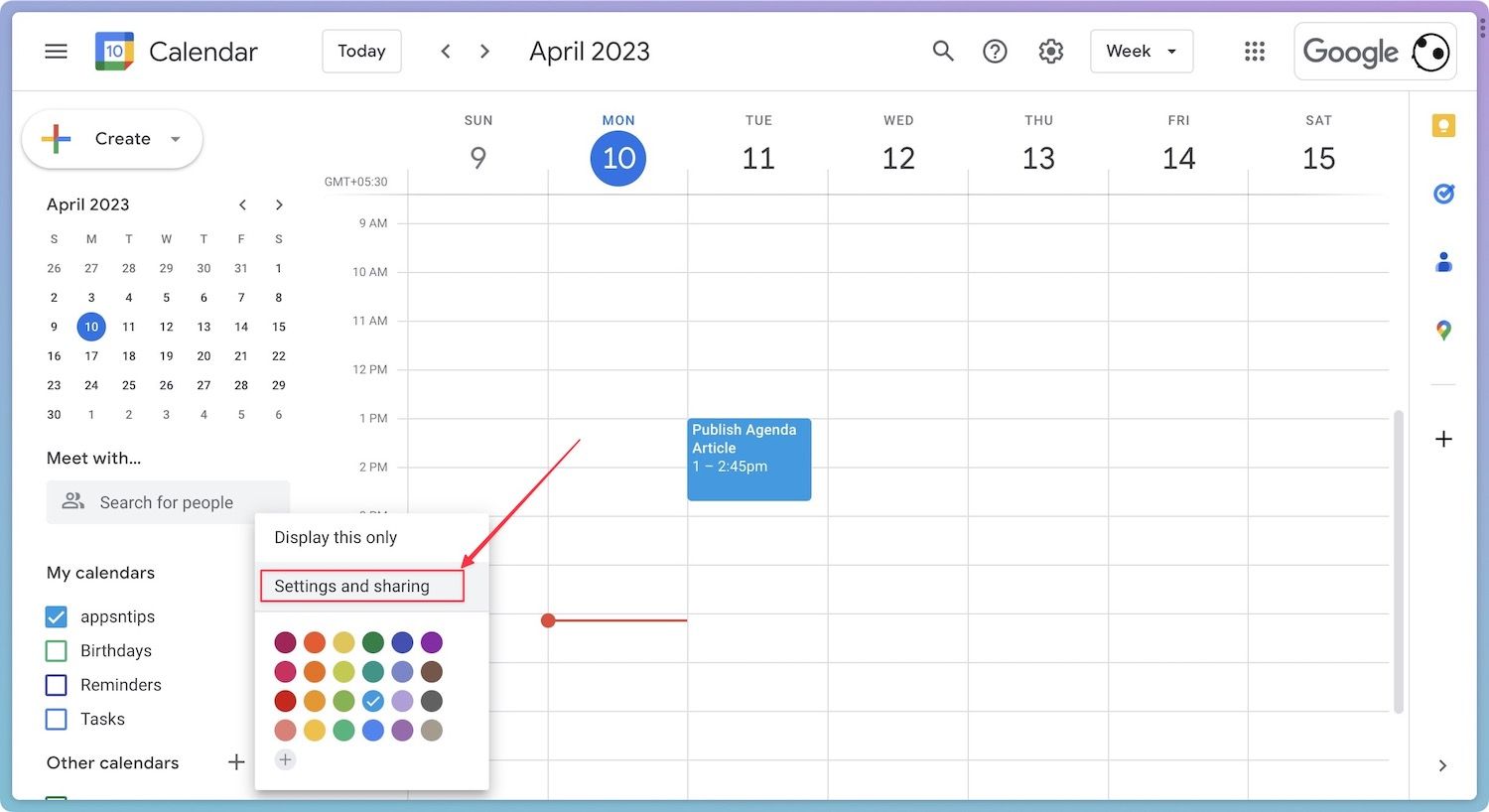 Settings and Sharing option in google calendar