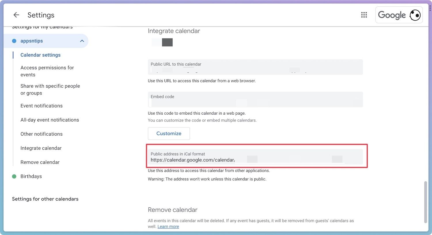 Public address in iCal format