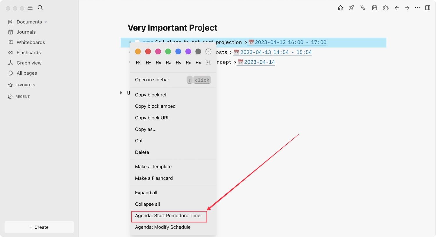 Choosing Start Pomodoro Timer action