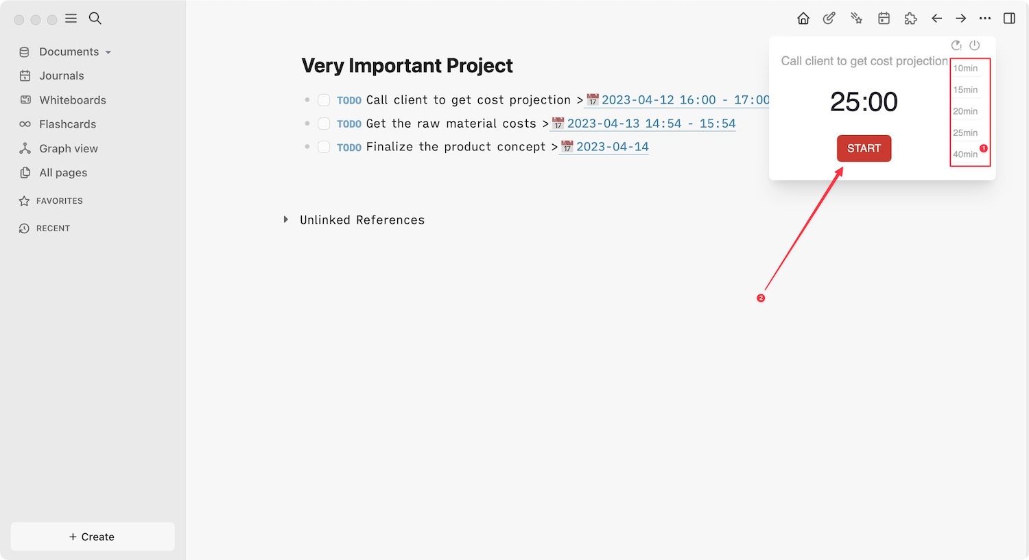 Starting the Pomodoro timer in Logseq