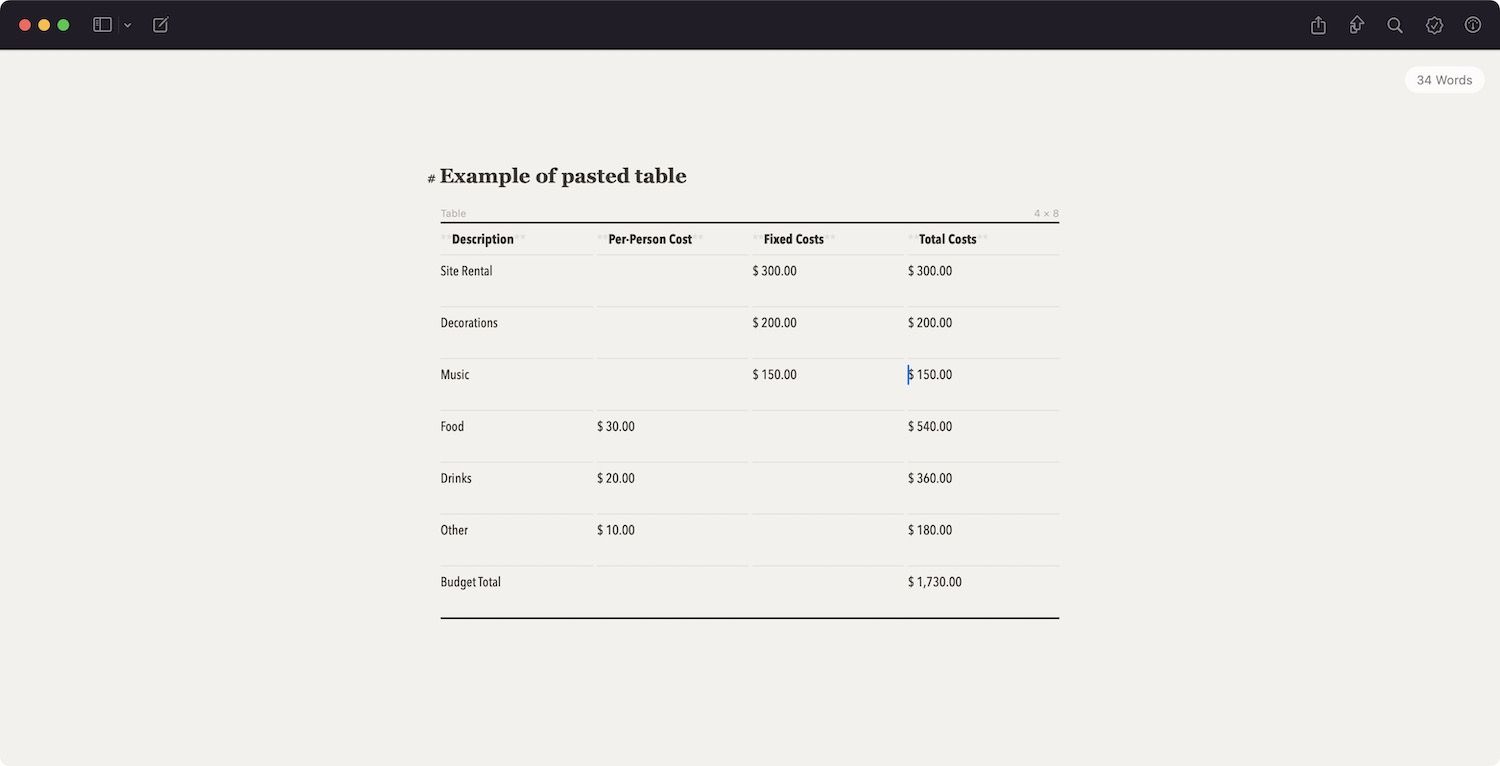 Ulysses table pasting example