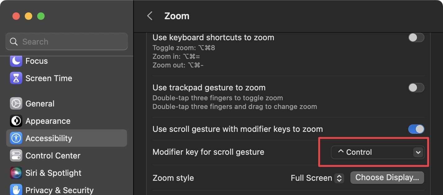 Modifier key for scroll gesture option screenshot