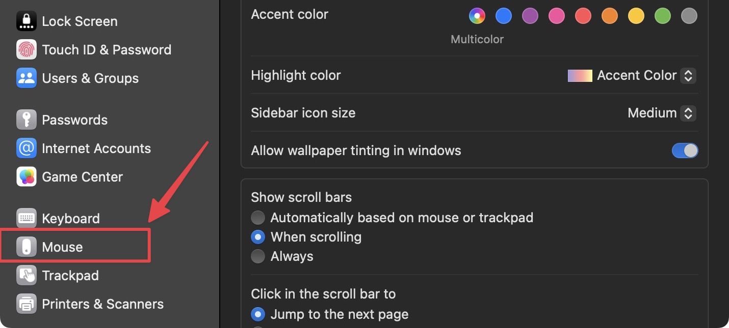 Mouse option in left sidebar in System Settings app
