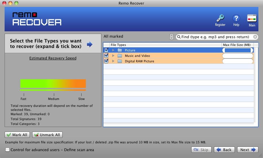 Remo recover file selection page screenshot