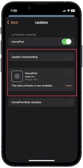 HomePod mini update page screenshot