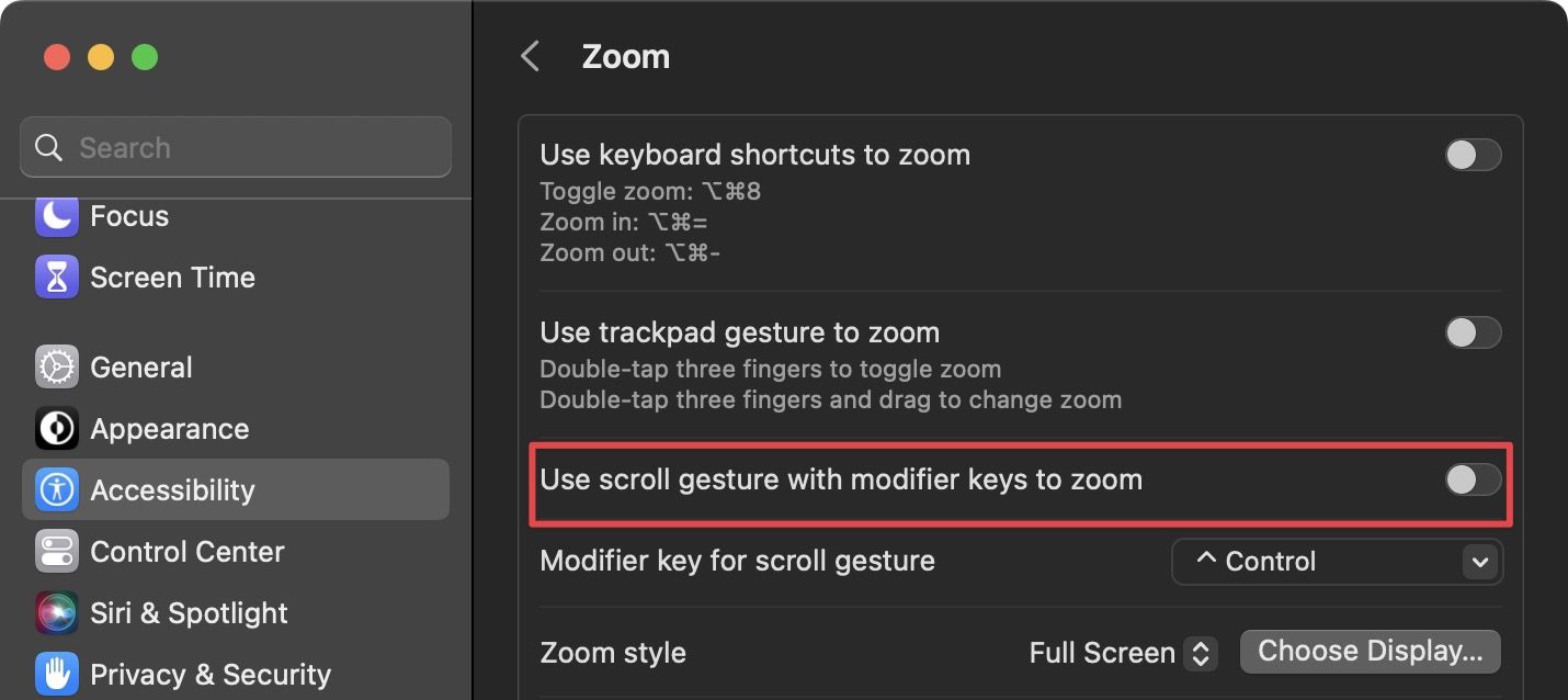 Use scroll gesture with modifier keys to zoom