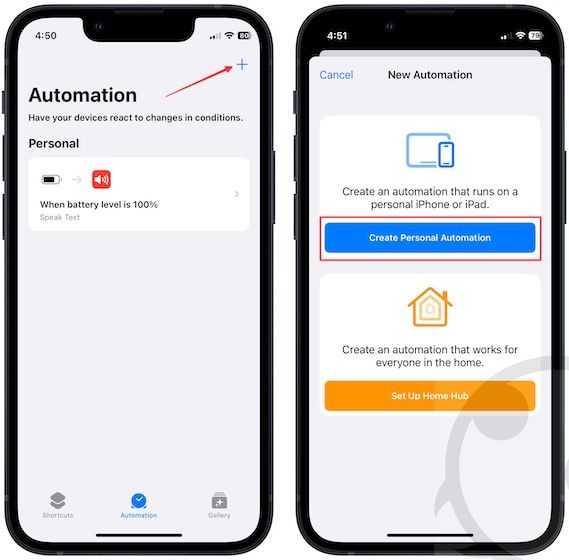 iPhone mockup showing Automation section in shortcuts app