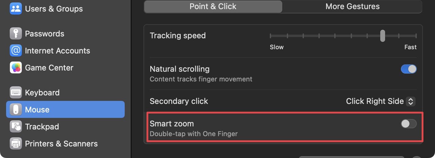 smart zoom feature in mouse system settings