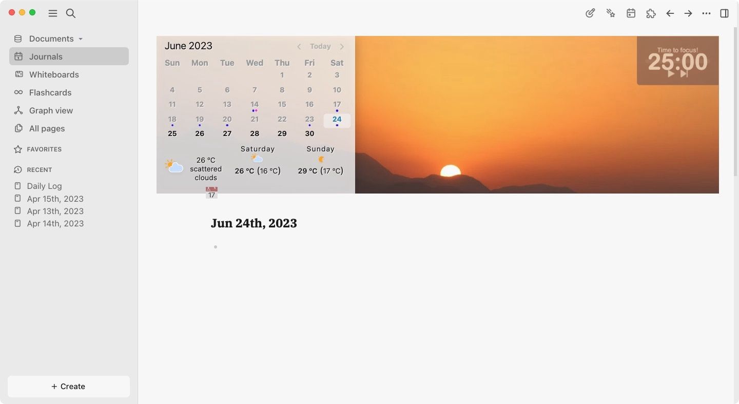 Logseq journal page screenshot showing weather widget on banner image