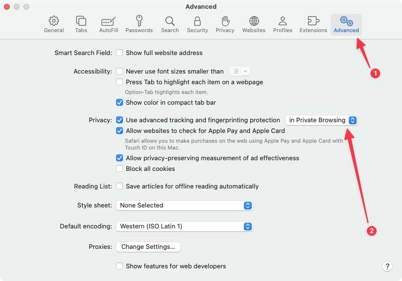 Screenshot showing Advanced tab in Safari Settings