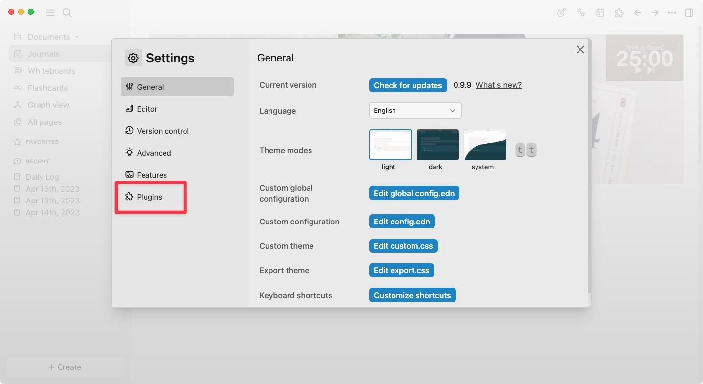 Logseq settings page screenshot showing the Plugins option