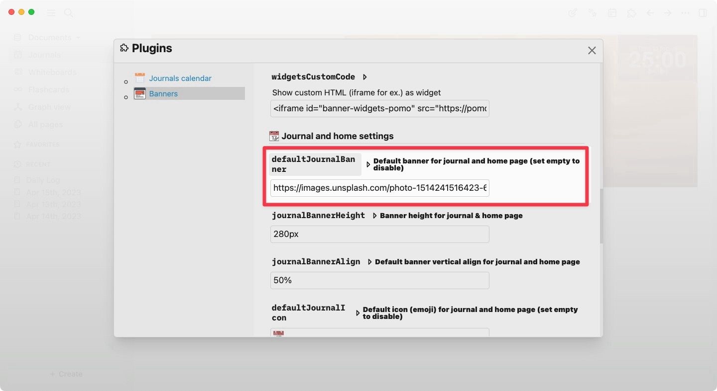 Logseq Banners plugin showing journal and home settings