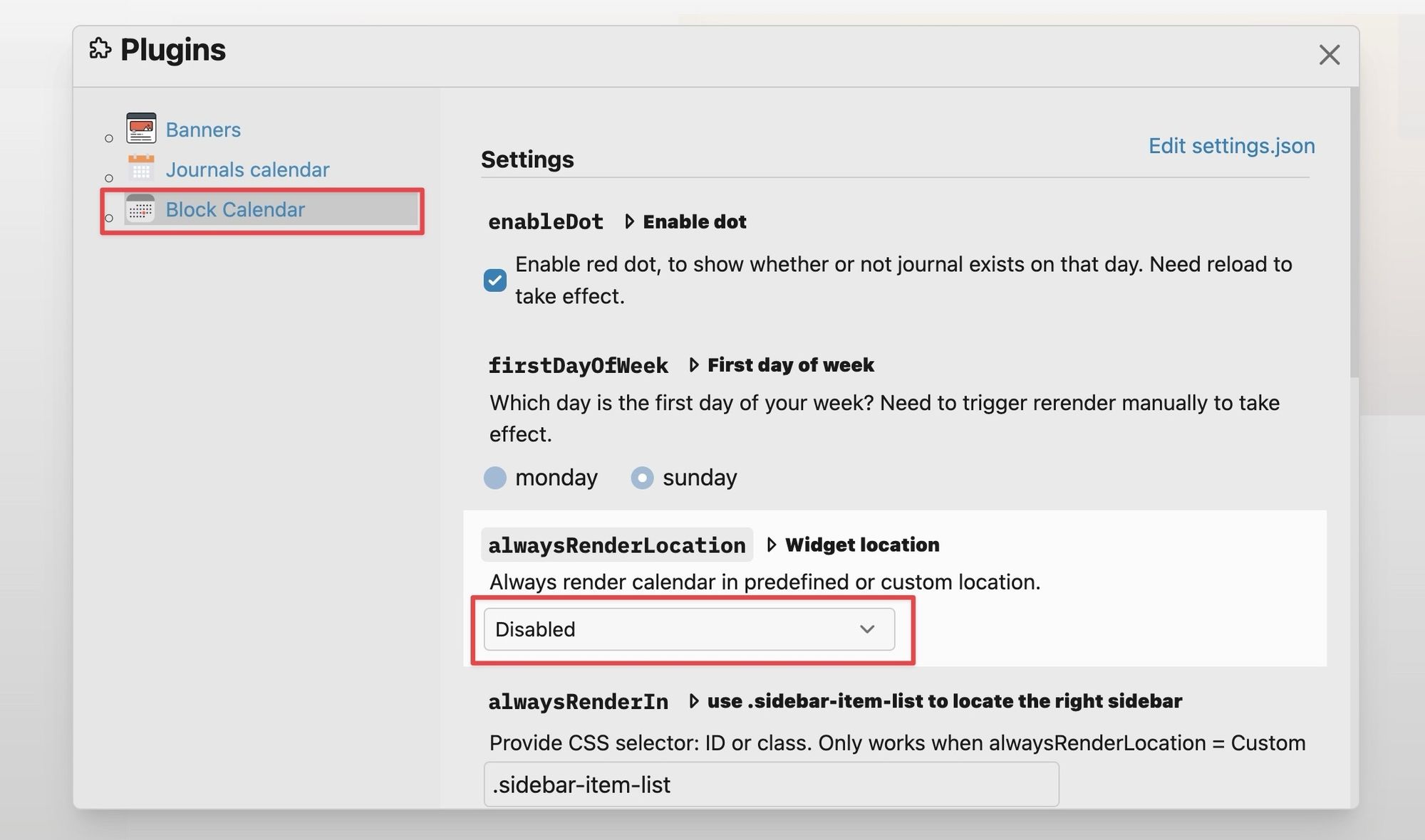 Block Calendar Plugin Settings