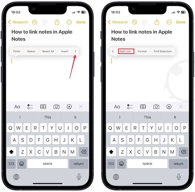 Choosing add link option in apple Notes on iPhone