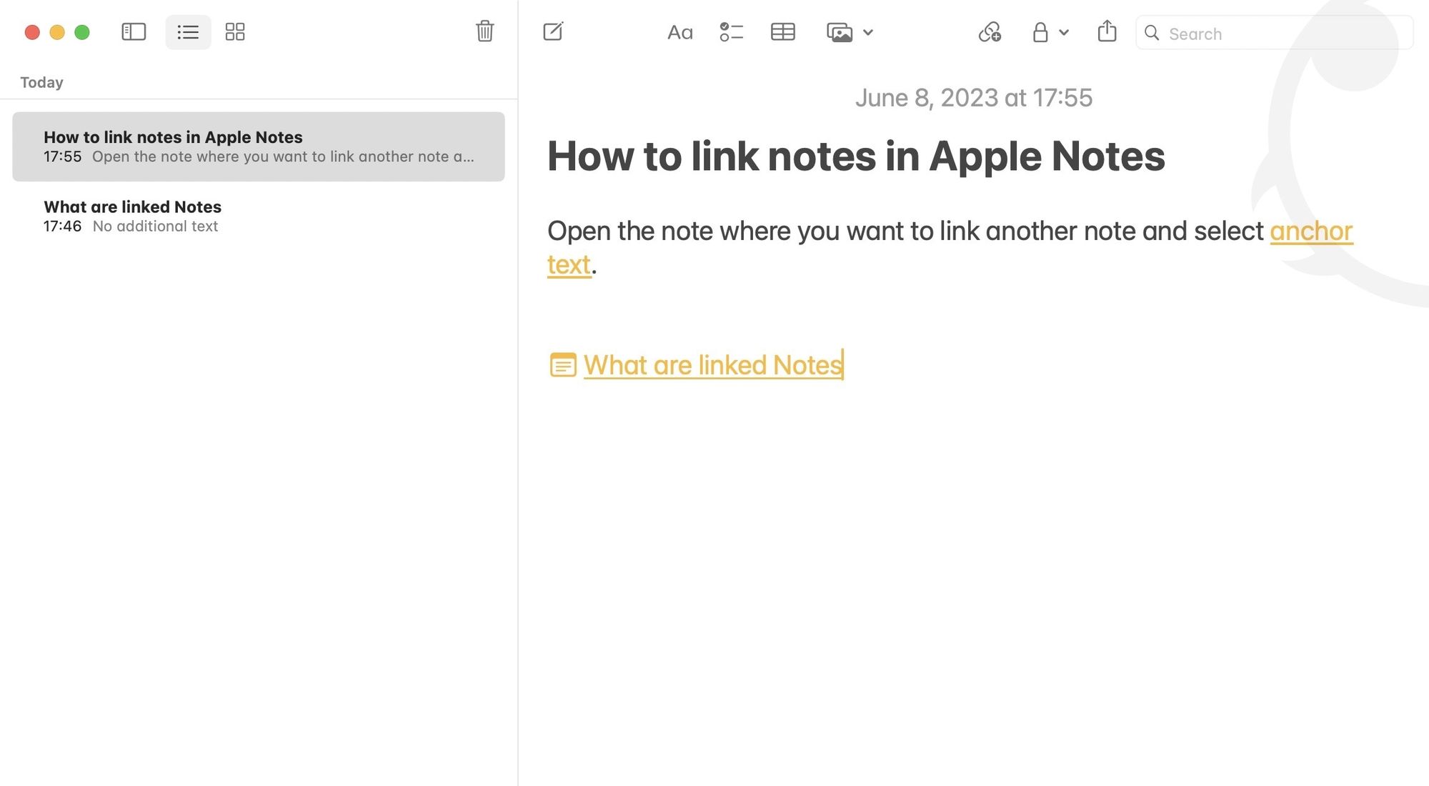 Linked notes in Apple Notes on Mac