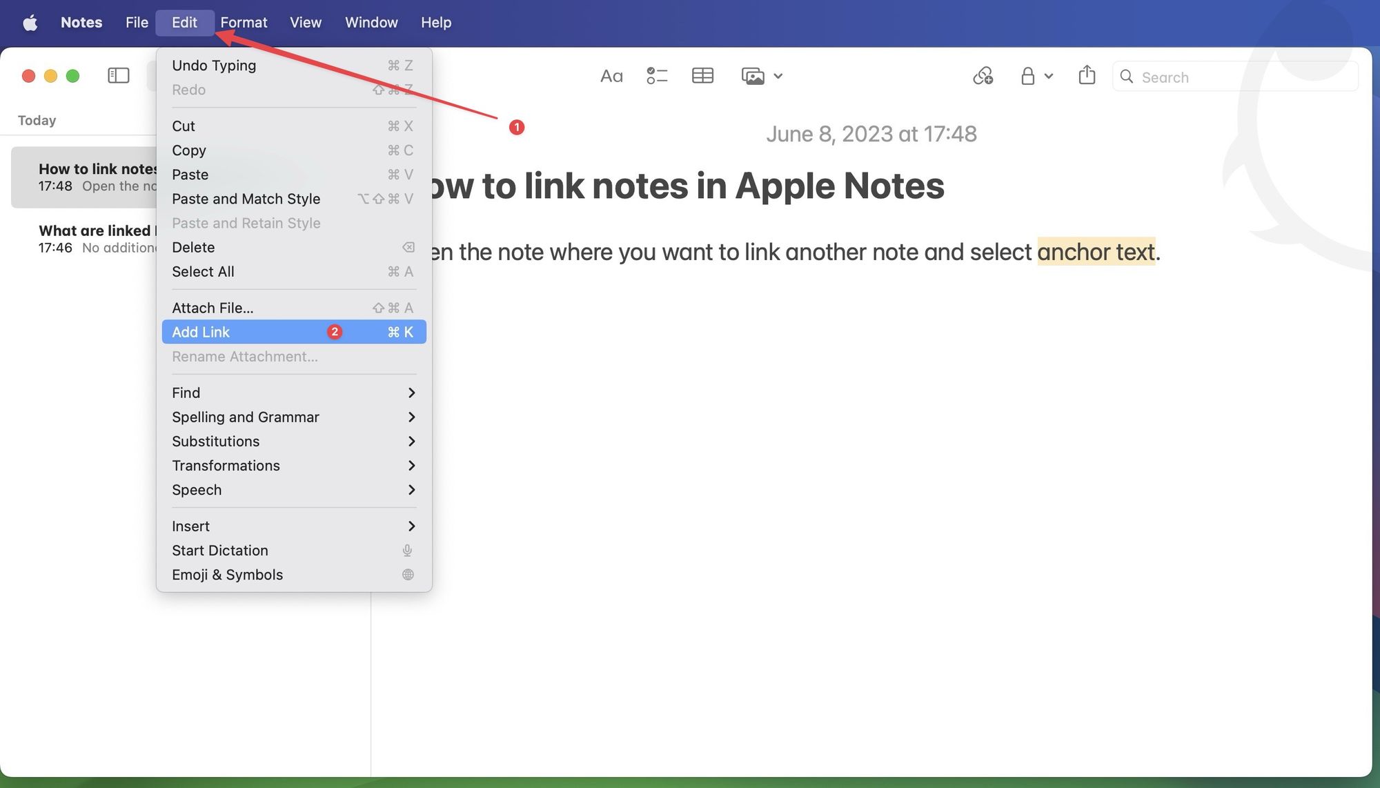 Using edit menu in Apple Notes to choose Add Link option
