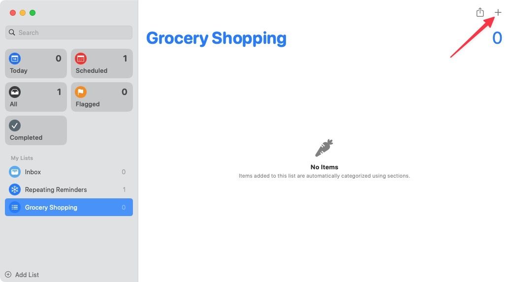 Adding new items in Reminders grocery list