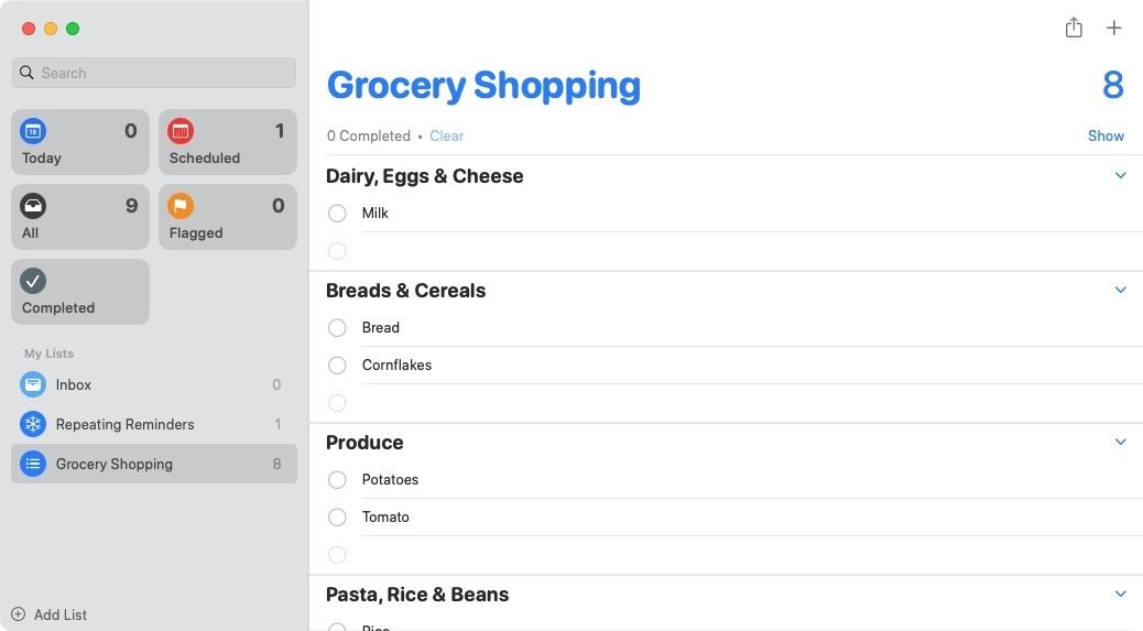Reminders grocery list organized screenshot