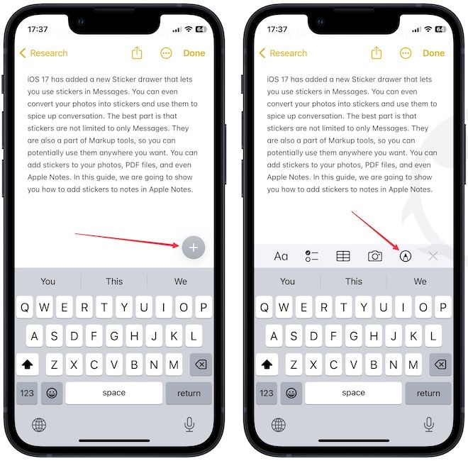 Using the Plus button to display Markup button in Apple Notes