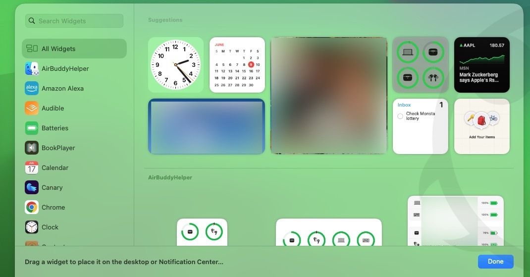 macOS widget selection menu