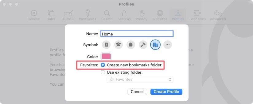 creating a new bookmarks folder