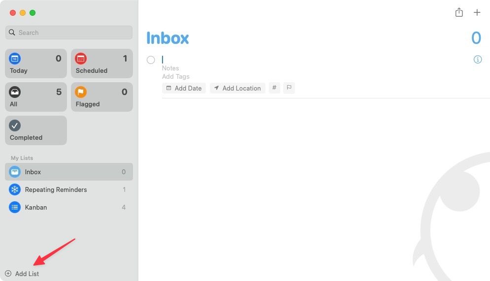 Reminders Mac app showing Add list button