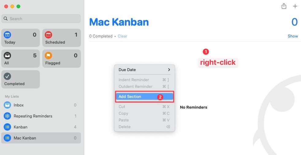 Adding a section using right click