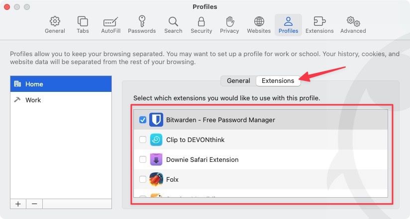 choosing which extensions can access the profile
