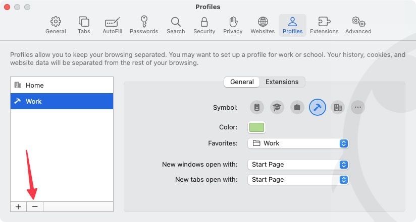 clicking the minus button to delete a Safari Profile