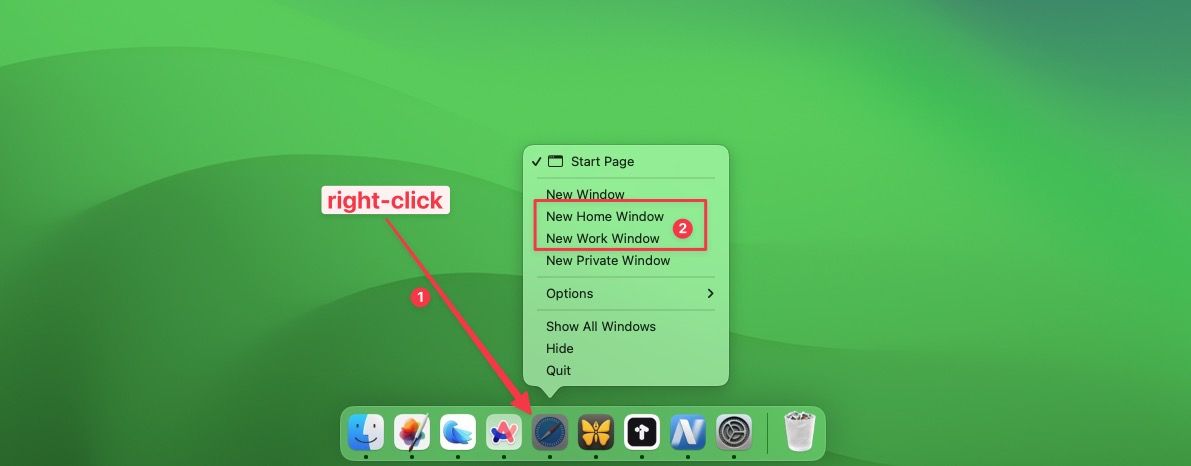 Safari dock icon right-click menu