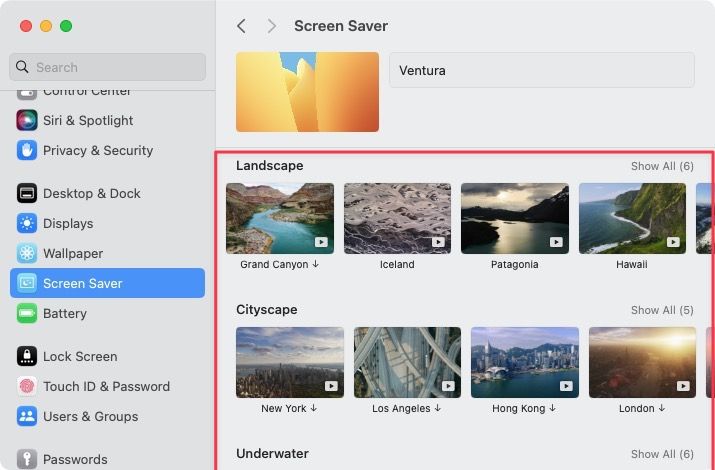 Screen saver settings page screenshot