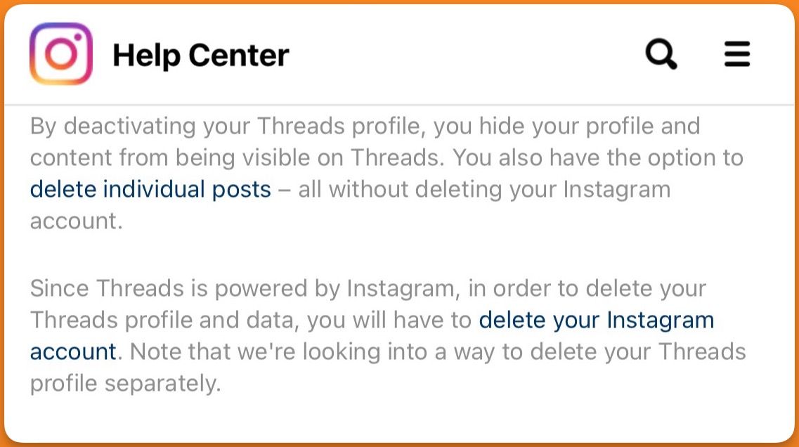 Threads account deletion disclaimer screenshot