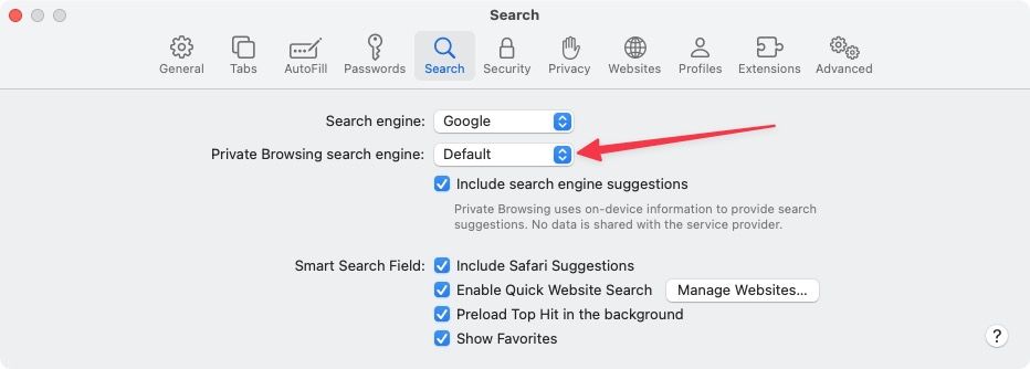 Safari Settings Search tab screenshot