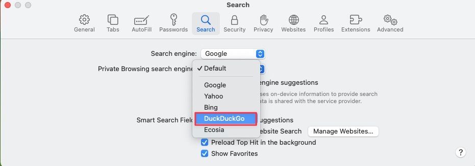 Choosing DuckDuckGo as default search engine for private browsing mode in Safari