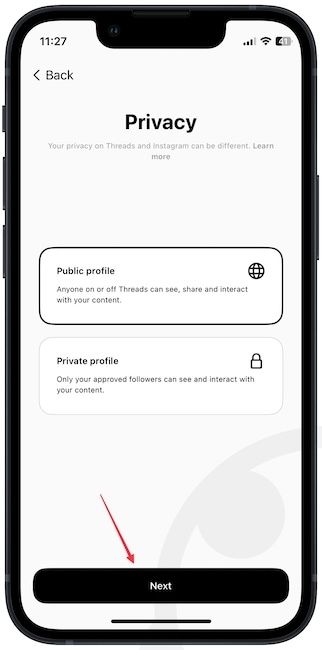 Choosing between public and private profiles on Threads