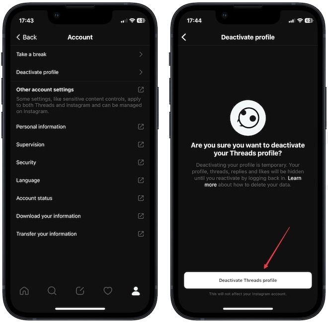 Deactivating profile in Threads