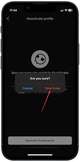 Confirm account deactivation in Threads