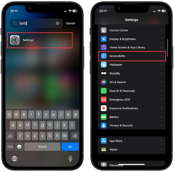 Opening accessibility settings on iPhone