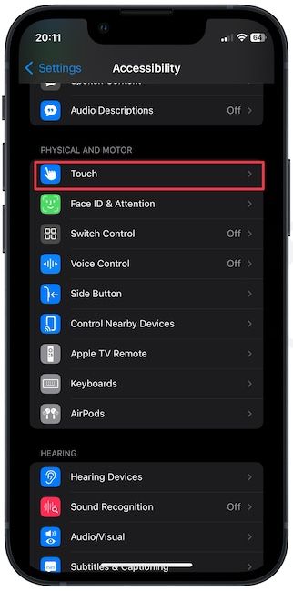 Opening Touch Settings on iPhone