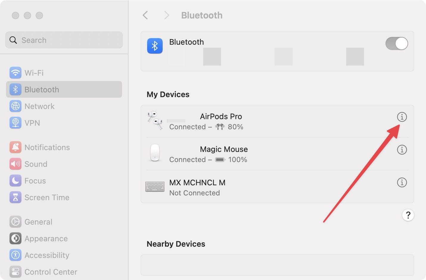 Bluetooth settings page showing AirPods Pro with (i) button