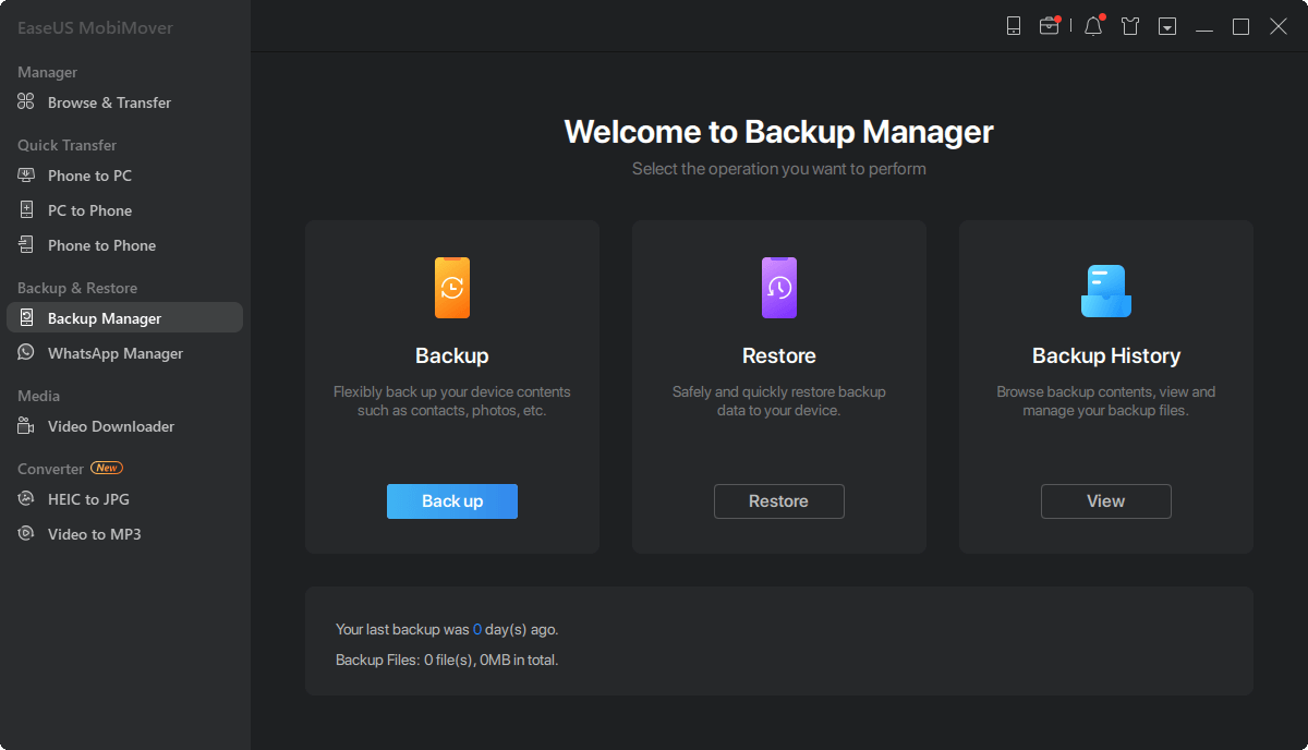 EaseUS MobiMover welcome to backup manage screenshot