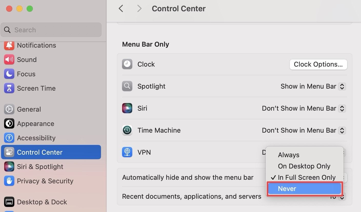 macOS System Settings app screenshot showing Automatically hide and show the menu bar option