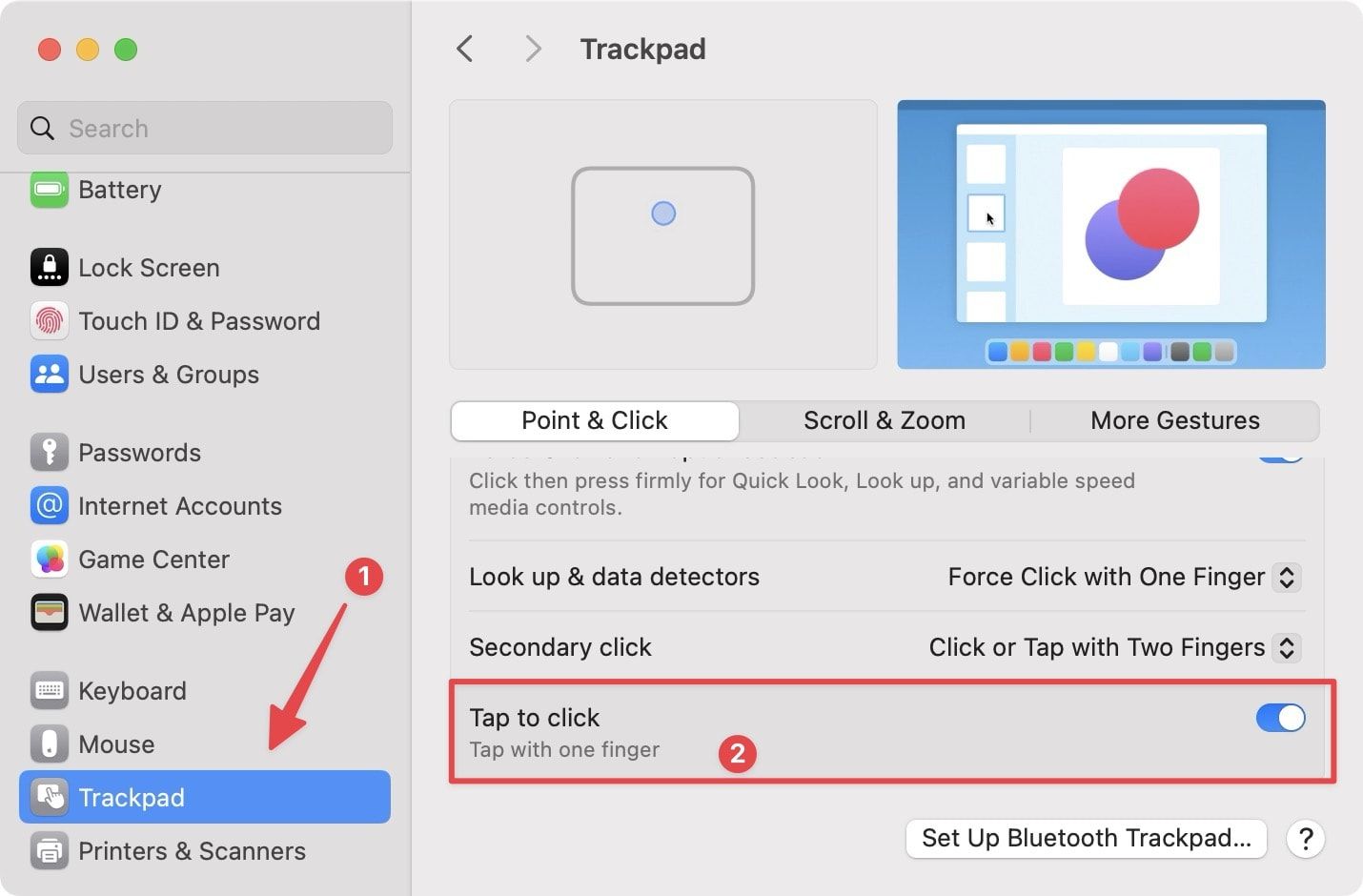 System Settings screenshot showing Tap to click option