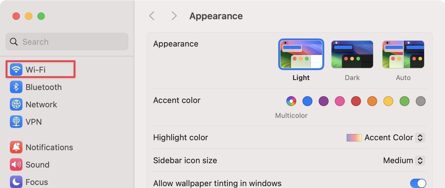 System Settings screenshot showing Wi-Fi option