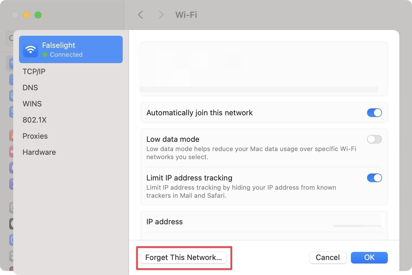 Wi-Fi setting screenshot showing the Forget This Network... button