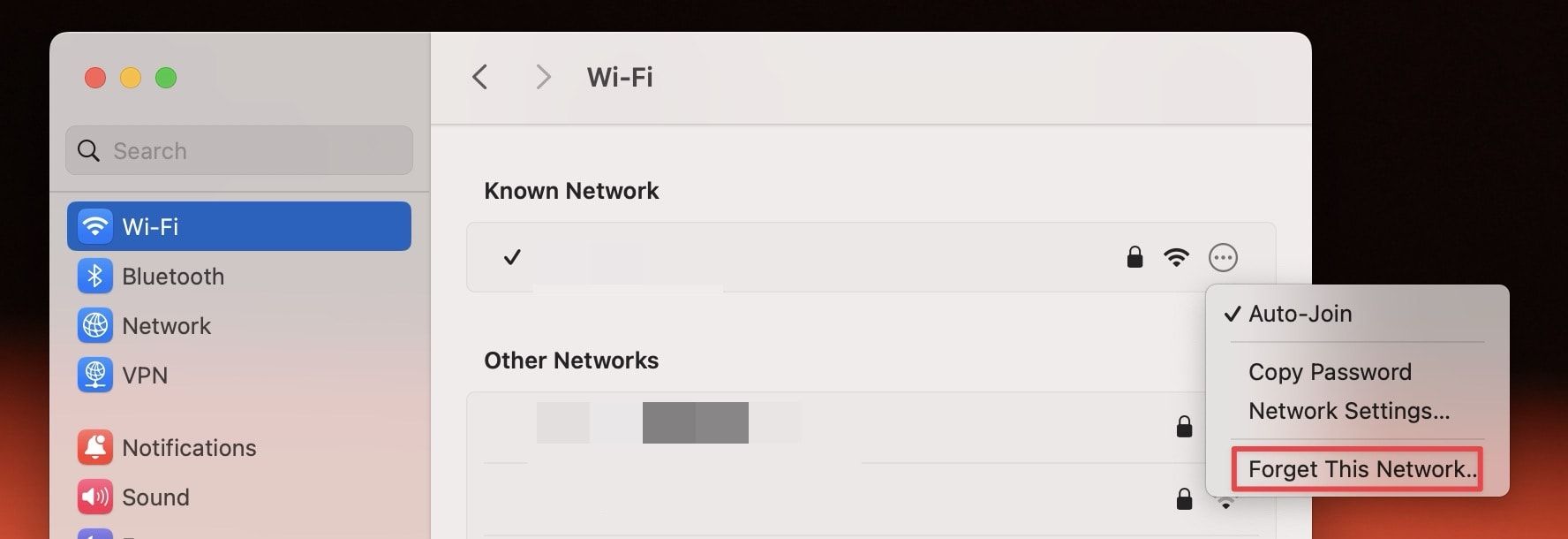 Three-dot setting screenshot showing the Forget This Network... button