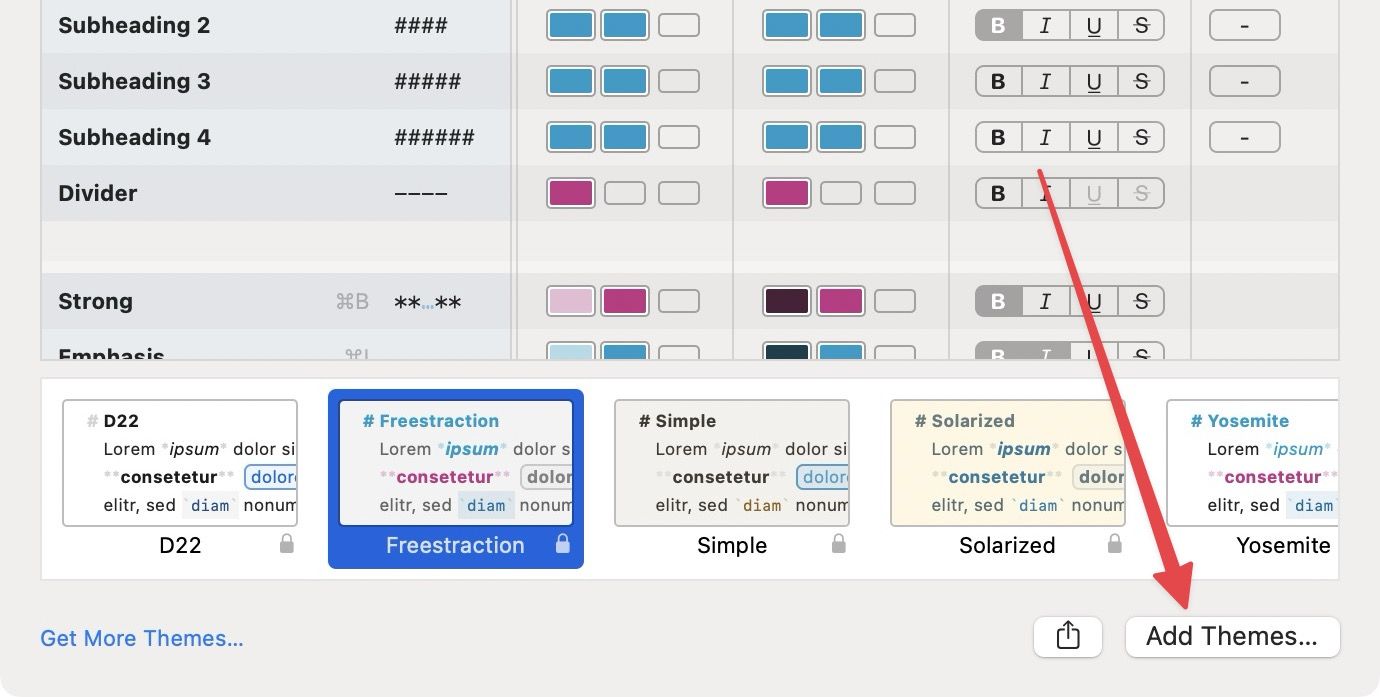 Ulysses Markup settings page Add Themes button