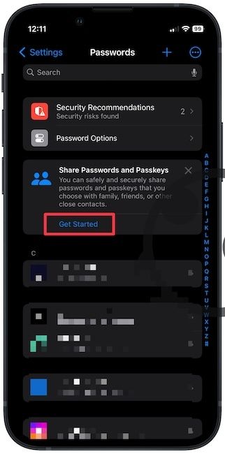 Passwords settings showing Share Passwords and Passkeys option