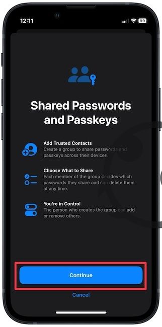 Password sharing splash screen