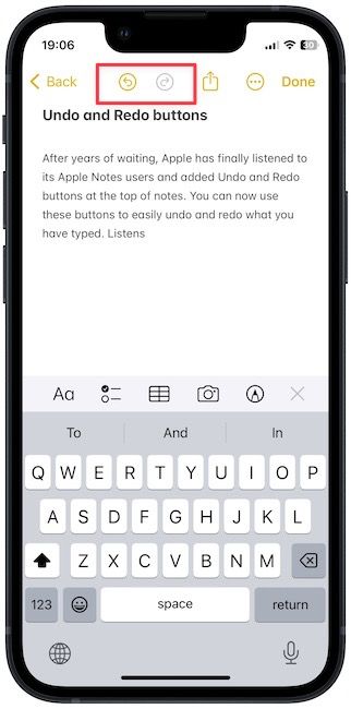Undo and redo buttons in apple notes app